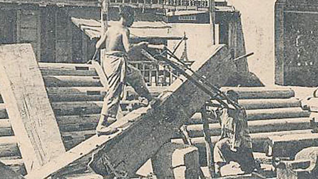 1900 China postcard showing wood sawyers 